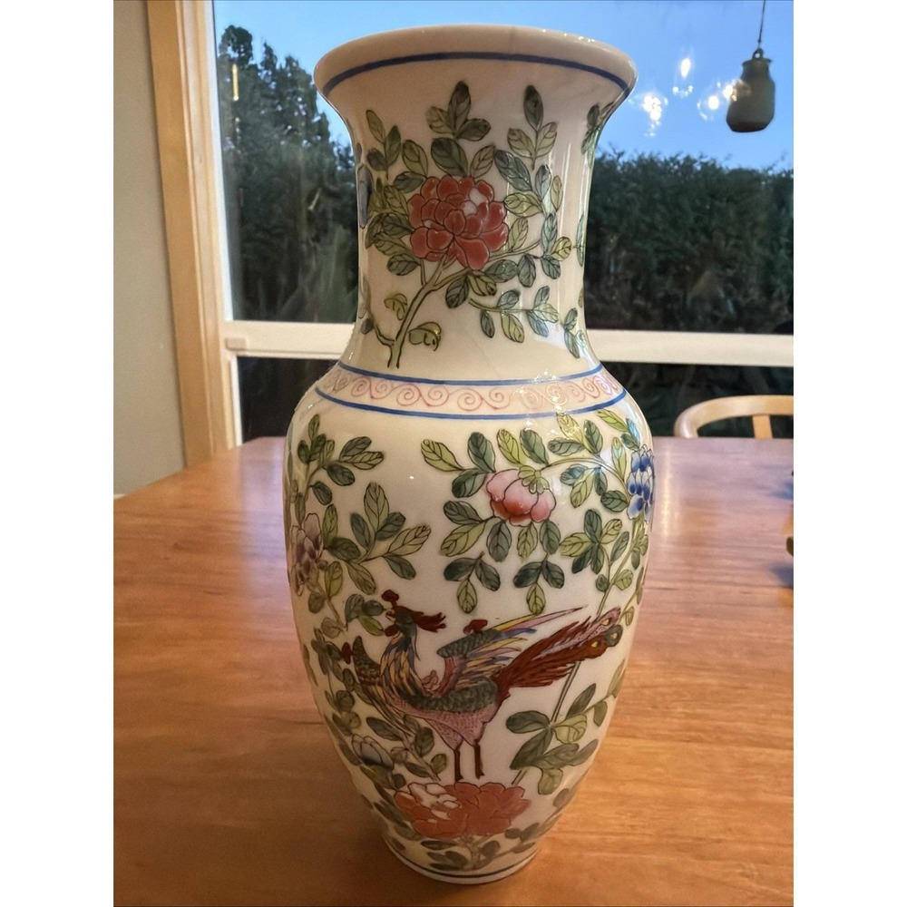 Chinese Hand‎ Painted Porcelain Vase Phoenix & Peony Motif 8.5" Floral Bird